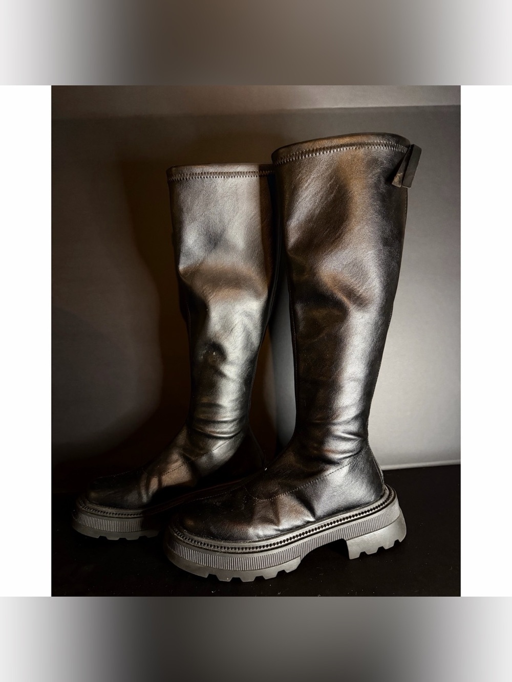 Women's Black Knee-High Combat Boots with Chunky Lug Sole